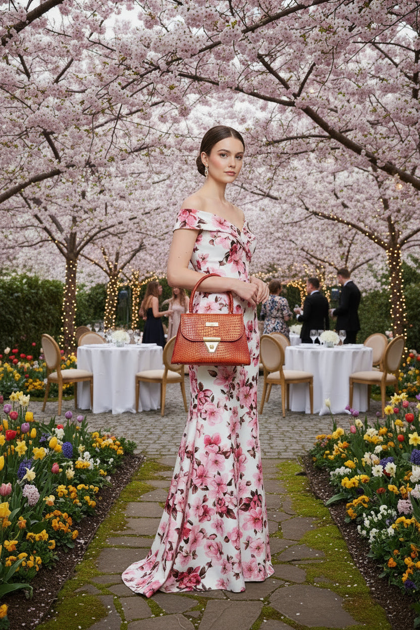 Classic bag in a radiant orange-red croc embossed leather. Rolled handle, light gold hardware which includes purse feet. Interior lining in water resistant canvas in a beautiful stained glass poppy design. One slip pocket.