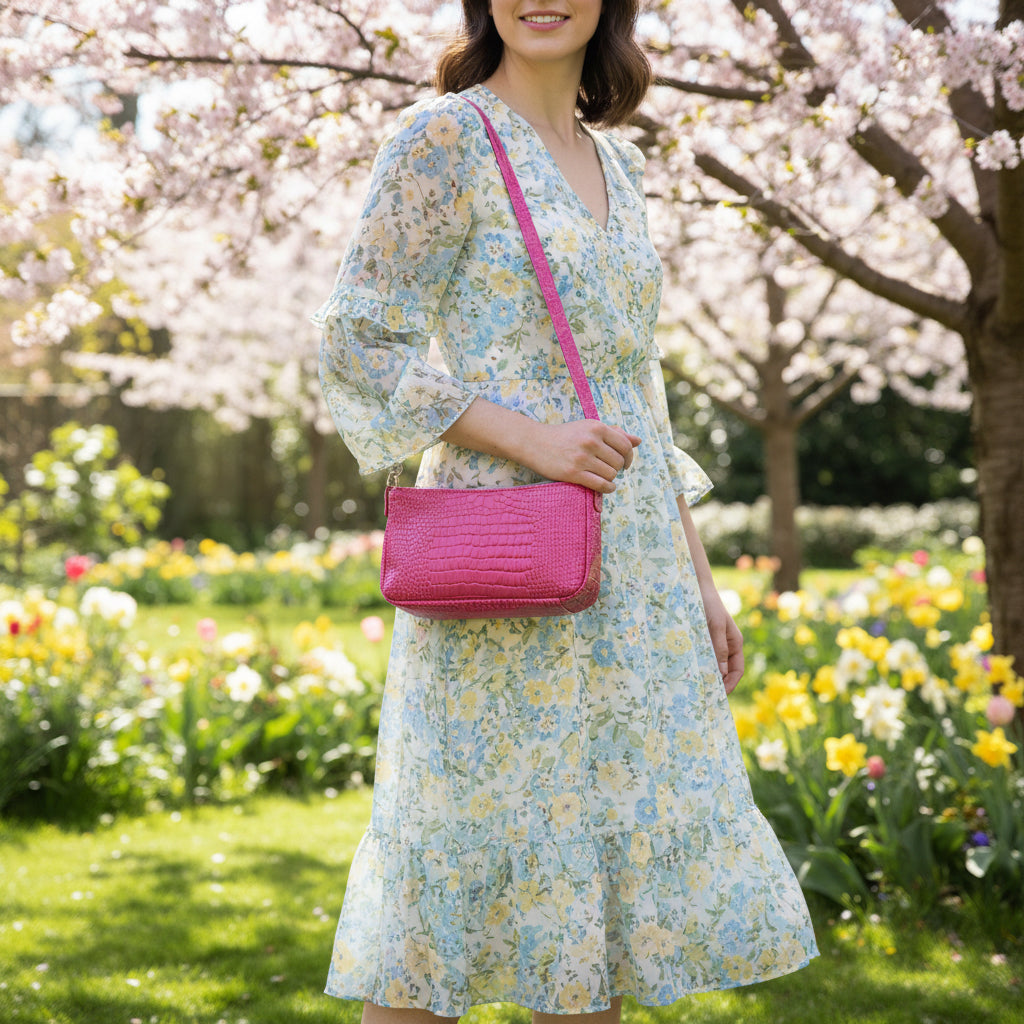 Aries pink croc vinyl shoulder bag with two zipper pockets and one main compartment with magnetic closure.  Silver hardware.  Beautiful water Lillies water resistant canvas lining.