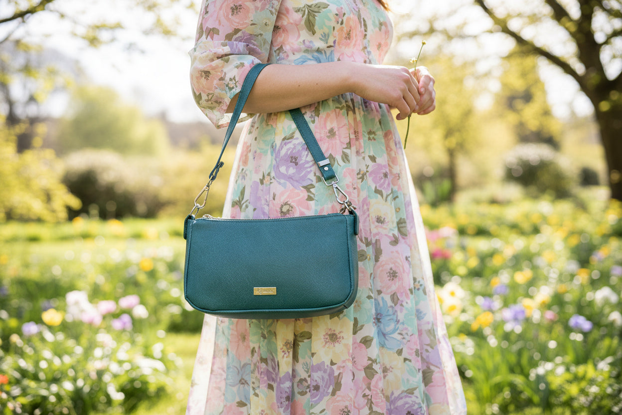 Aries shoulder bag in teal leather like vinyl.  Two zipper pockets and one main compartment with magnetic closure.  Silver hardware.