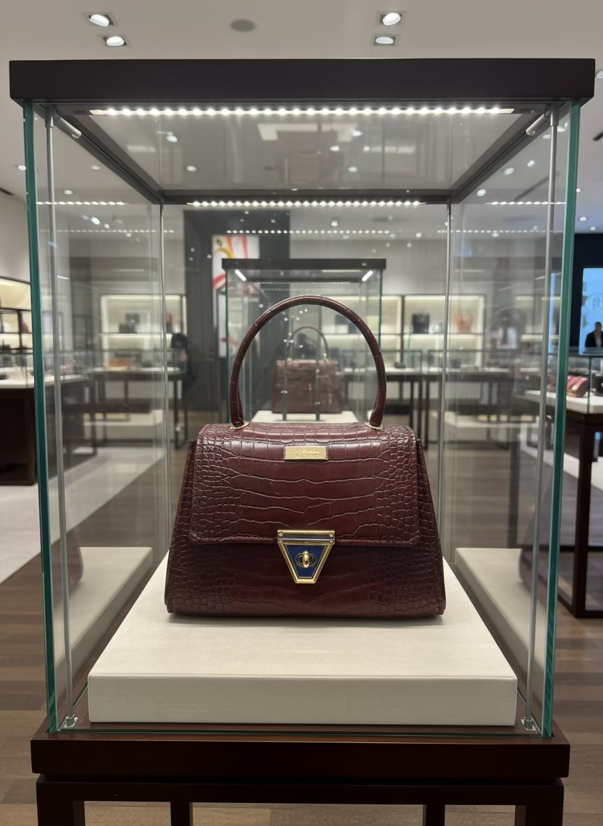 Burgundy faux crocodile in a Kelly bag style with rolled handle, twist lock and grommets with water resistant canvas in a leopard print.