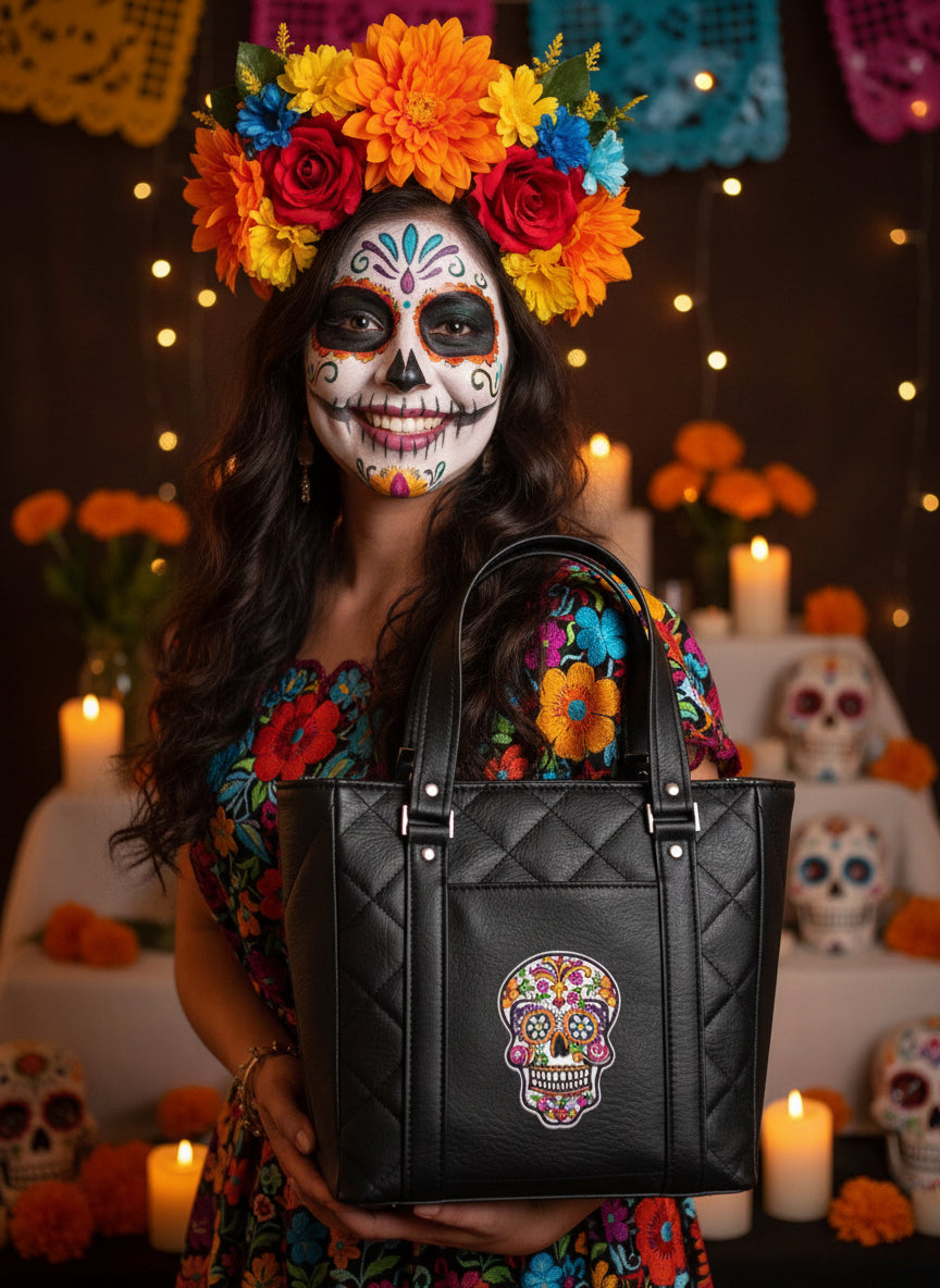Black quilted total with colorful sugar skull on the front slip pocket and red sugar skull interior lining.