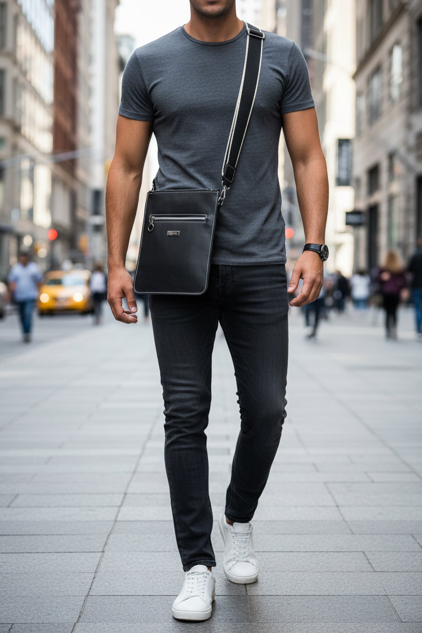 Black leather crossbody with front zipper pocket and zippered main compartment.  Deluxe 1.5" wide cotton strap with silver hardware.