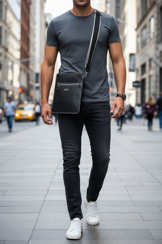 Black leather crossbody with front zipper pocket and zippered main compartment.  Deluxe 1.5" wide cotton strap with silver hardware.