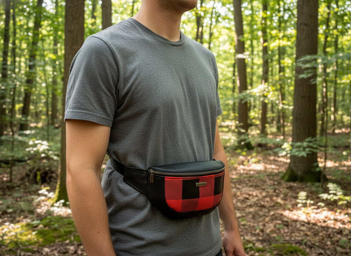 buffalo plaid and black crossbody bag with adjustable strap