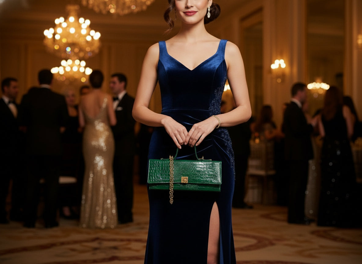 Green crocodile handbag with gold hardware and should chain.