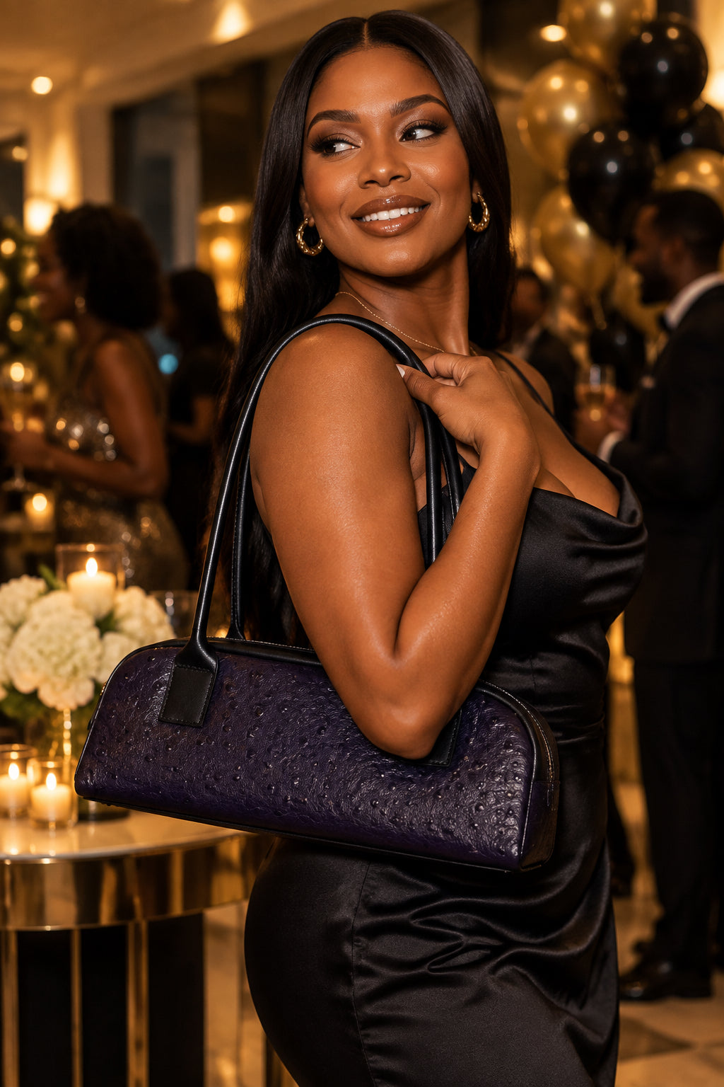 All leather elegant handbag in purple ostrich embossed leather with black leather accents.  Floral water resistant canvas lining with slip pocket.  Silver zipper and purse feet.