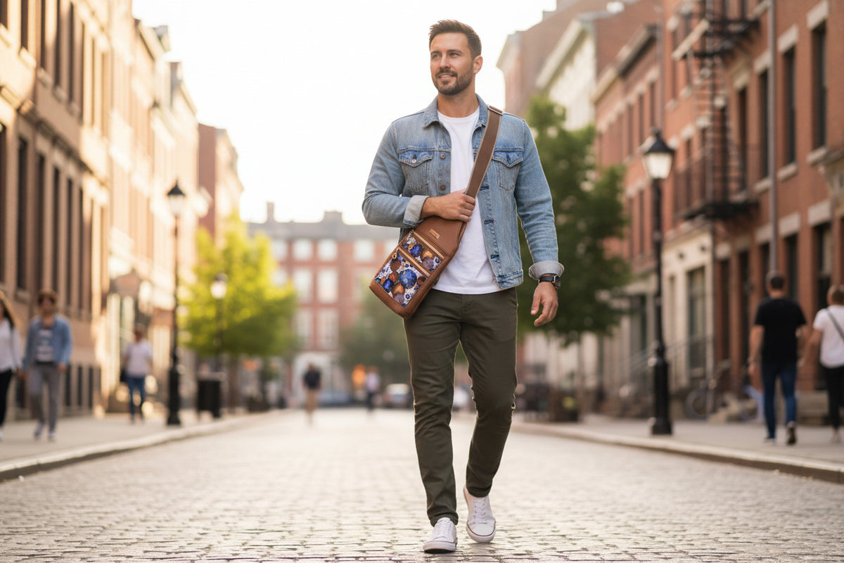 Stylish sling bag with two front zipper pockets, a front snap closure slip pocket and a roomy zipper pocket accessible from the side or back. &nbsp;Adjustable 1.5" coordinating strap. &nbsp;Body is luxury vinyl and water resistant canvas, high end zipper pulls.