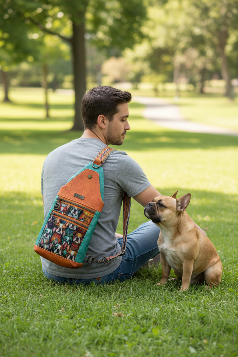 Stylish sling back in an orange and turquoise vinyl with French Bulldog printed water resistant canvas.  Two front zipper pockets with paw zipper pulls, one slip pocket with snap closure and a back zipper pocket with bone/dog bowl zipper pull.