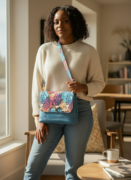 Blue cork and vinyl shoulder bag with decorative bee flip lock with gold hardware. Beautiful floral accent in purple turquoise beige and pink