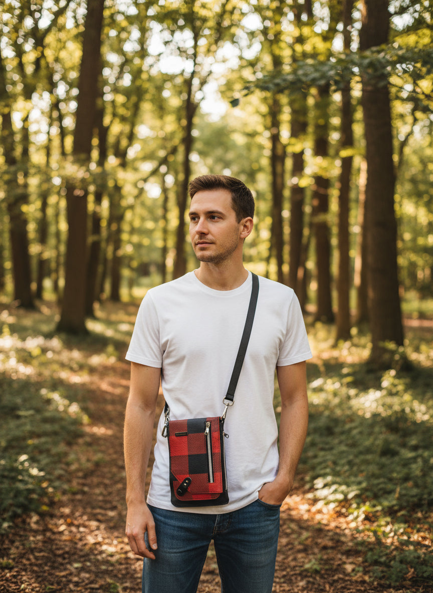 minimalist buffalo plaid with front and side zippered pocket.  Interior slip pocket and snap closure