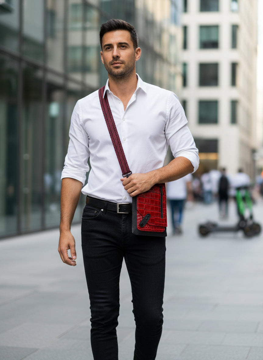 A red croc Jeroni Mini Sling Bag with a shoulder strap and a front flap closure with zippered pocked, back slip pocket, zippered side pocket, with id window behind the snap front closure