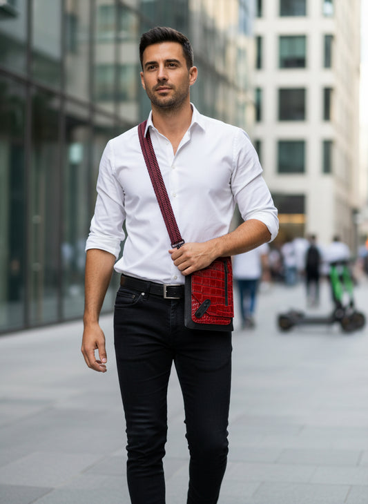 A red croc Jeroni Mini Sling Bag with a shoulder strap and a front flap closure with zippered pocked, back slip pocket, zippered side pocket, with id window behind the snap front closure