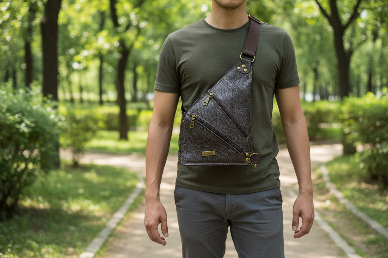 Leather pebble grain leather angular crossbody bag, antique brass hardware, three zipper pockets and one slip pocket and water resistant canvas lining.