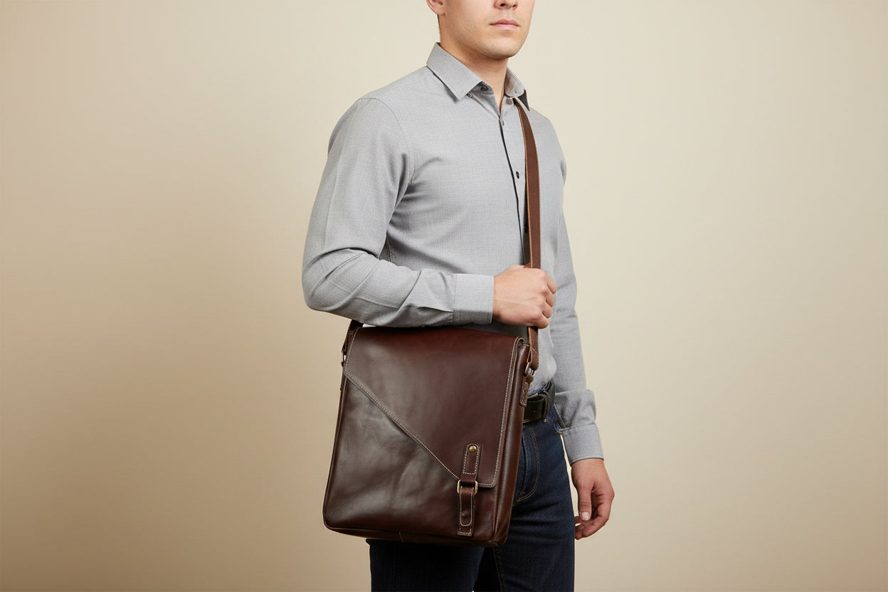 Beautiful red/brown leather messenger bag in an exciting vertical orientation.  Two zipper pockets front and back, leather tab magnetic flap closure.  Water resistant canvas lining in beige.  Adjustable 1.5 inch complimentary strap.  Antique brass hardware.