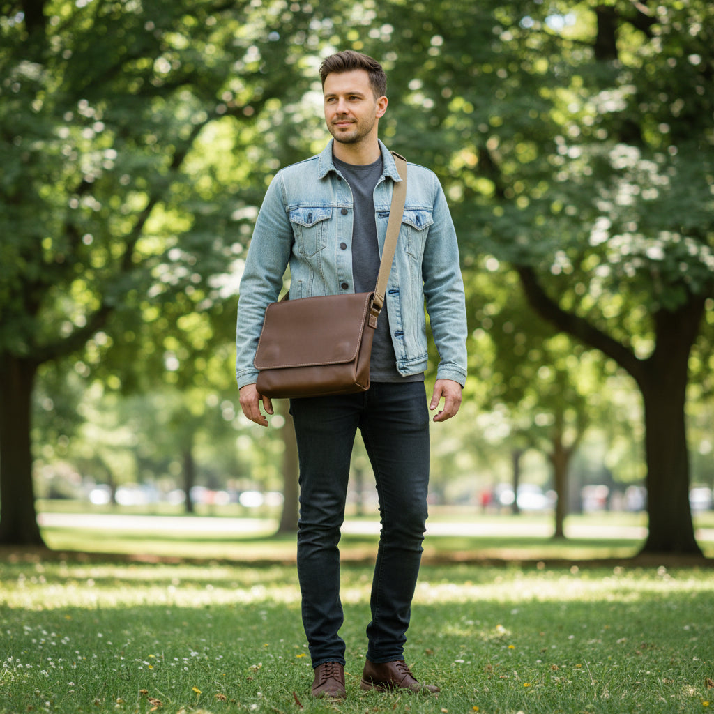 Brown leather messenger bag with beige accent stitching, slip pocket, double magnetic snap closure and water resistant canvas lining.