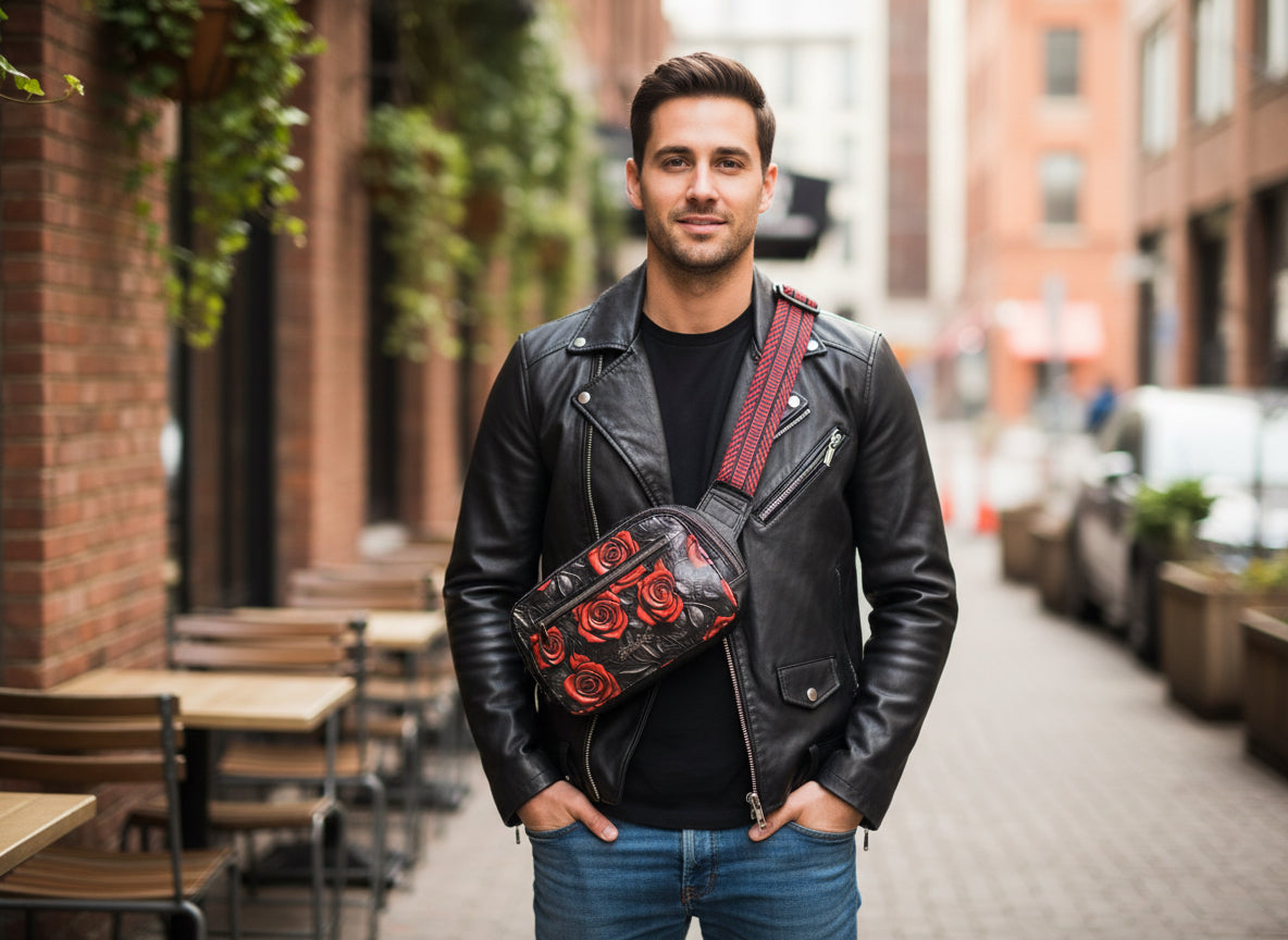 A black and red floral patterned waist bag with an adjustable strap and a zipper.