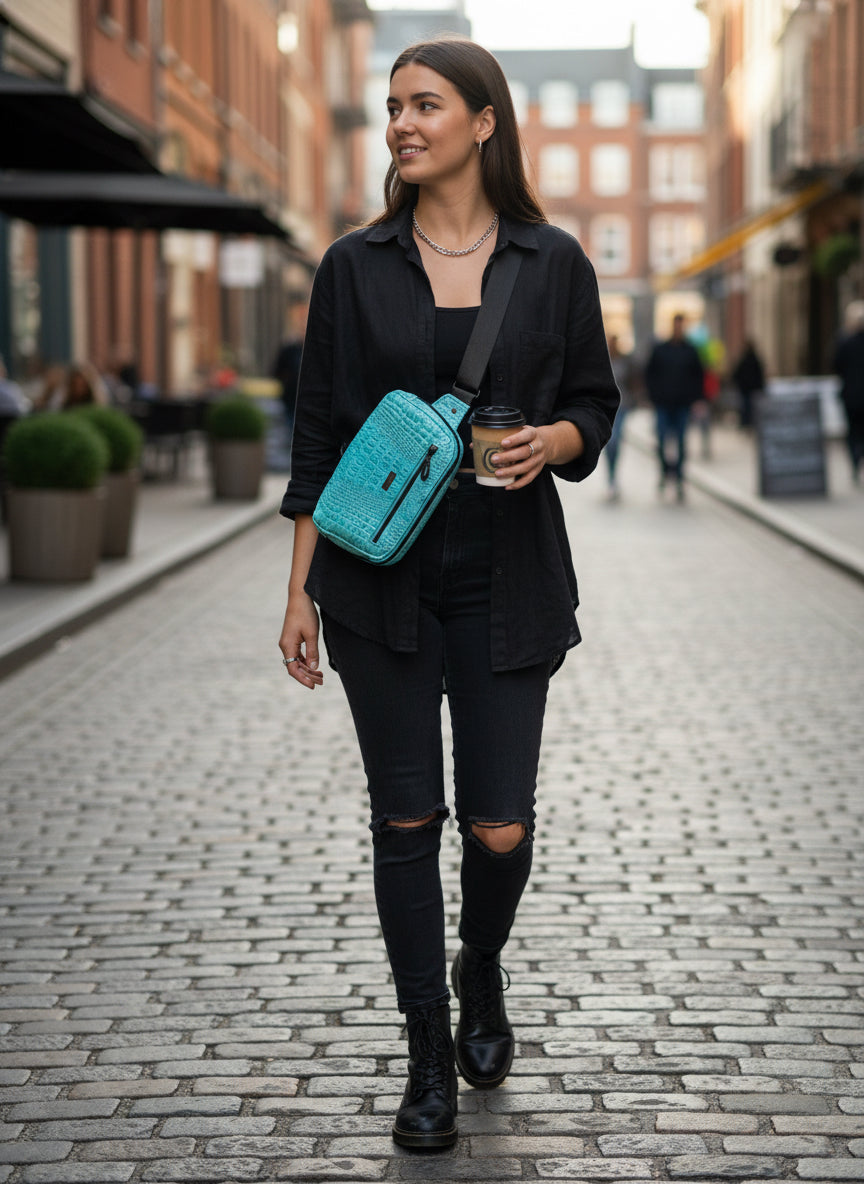 Versatile sling bag with front and back zip pockets and double zipper main compartment with adjustable strap