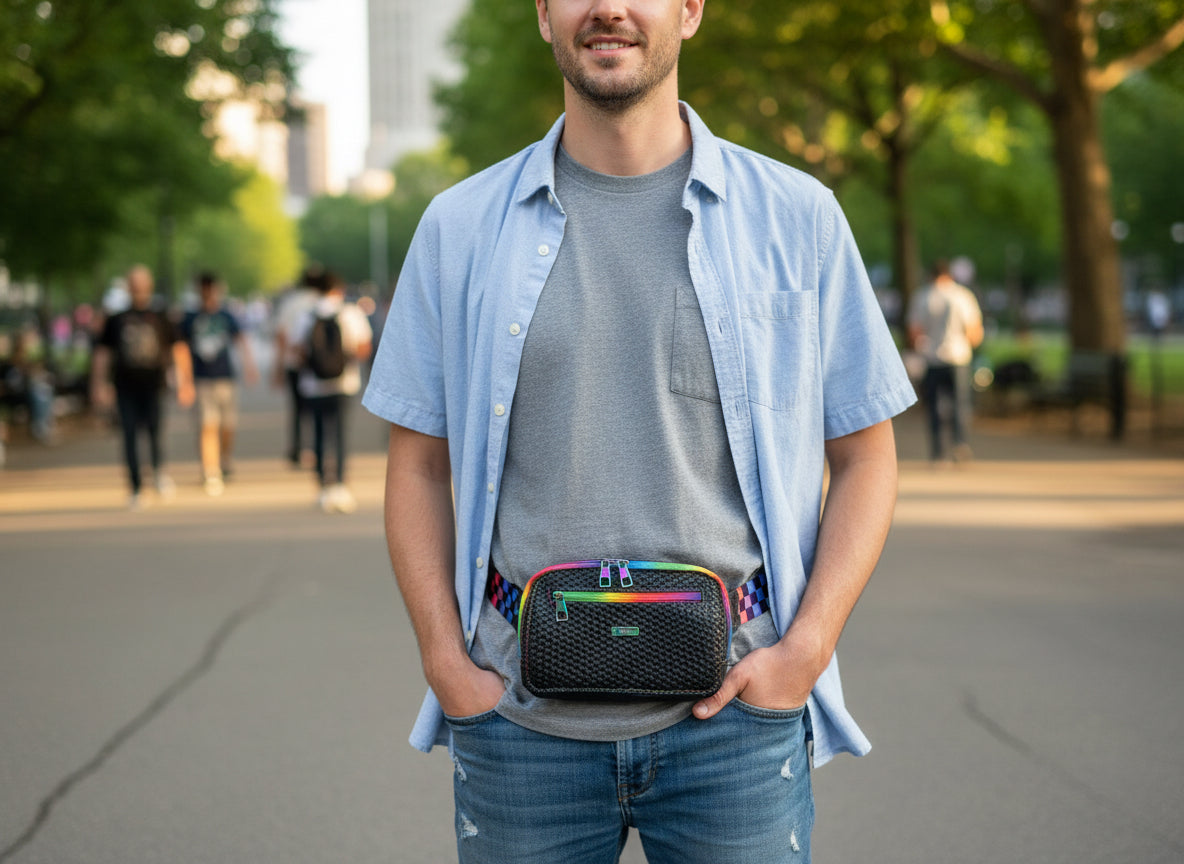 Functional bag with front and back zipper pockets, double zipper main compartment with adjustable rainbow checkered strap.