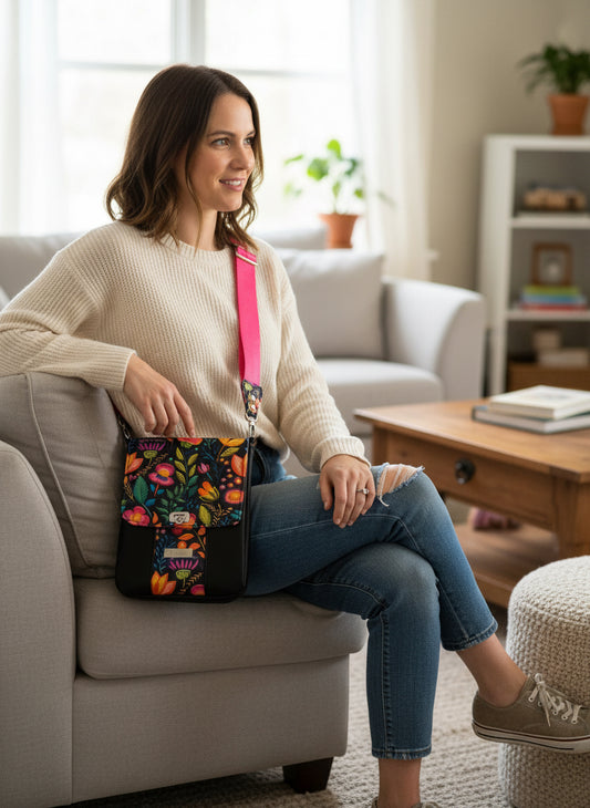 Crossbody bag in fun fiesta print and black with a bright pink deluxe 1.5" adjustable strap.  Silver hardware and 3 card slots in front with hidden slip pocket in the back.