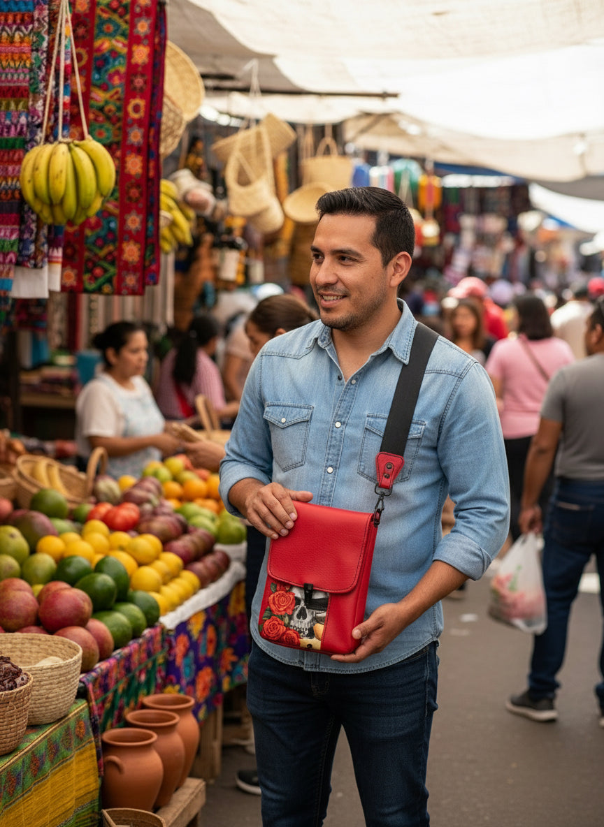 Red  bag with a decorative panel featuring a skull and roses three card slots in front and hidden slip pocket in the back.  1.5" black adjustable strap with red accents.