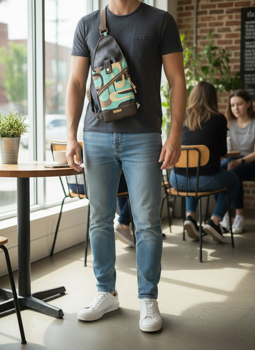 A green and brown geometric patterned sling bag with a front zip pocket and an adjustable strap.