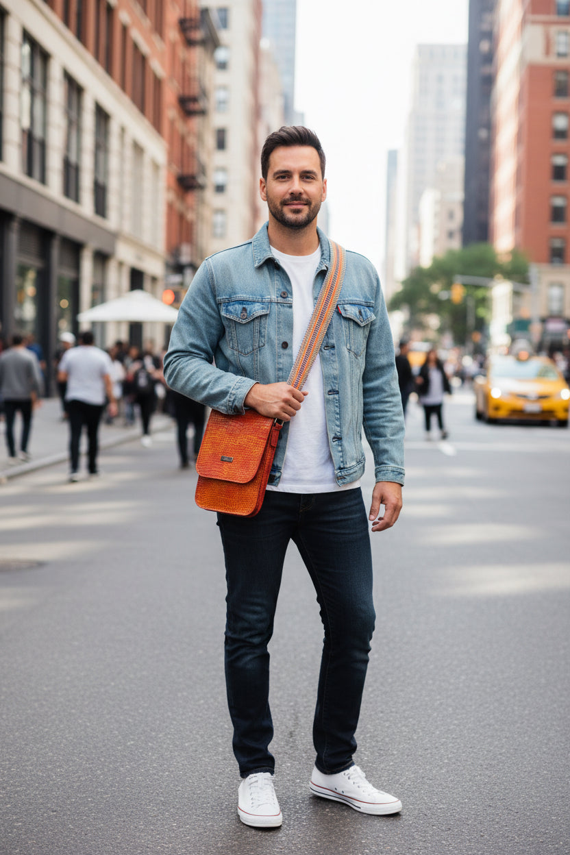 Orange leather croc embossed with zipper back pocket, zippered main compartment with water resistant canvas lining with one interior slip pocket.  One and half inches adjustable deluxe strap.