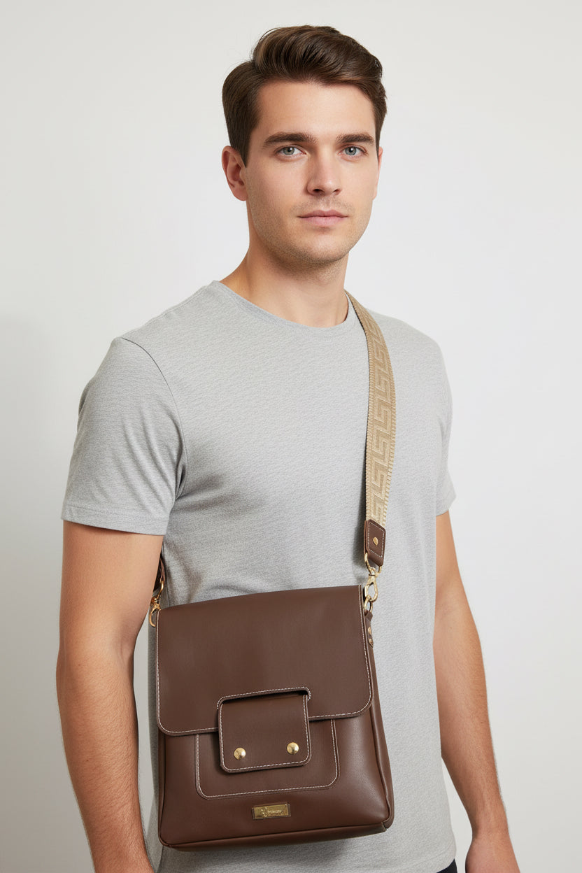 Brown leather messenger bag with double magnetic flap closure.  Two outer pockets in front and back.  1.5 inch wide deluxe strap with gold hardware.  Bag is unlined and raw edge.