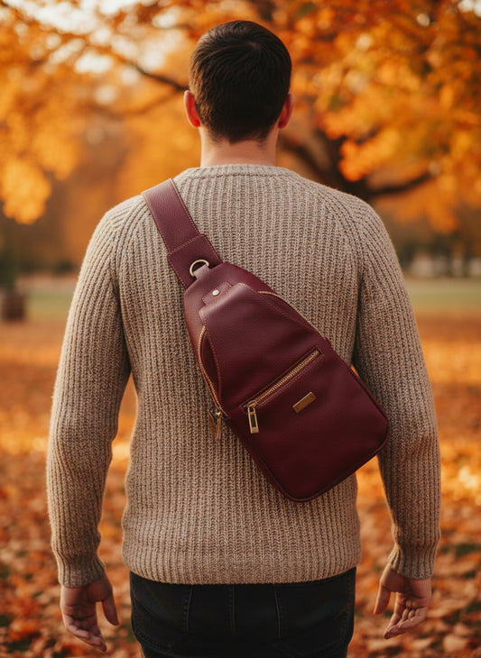 Stylish sling bag in supple dark red leather and beige interior with multiple pockets and roomy main storage.