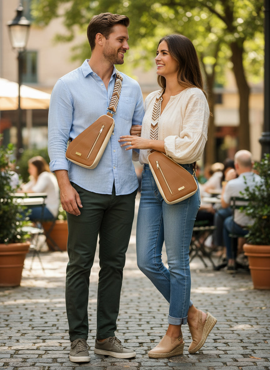Sling bag with a front zippered pocket, hidden back slip pocket and a zippered main compartment accented by a chevron patterned 1.5" adjustable strap.