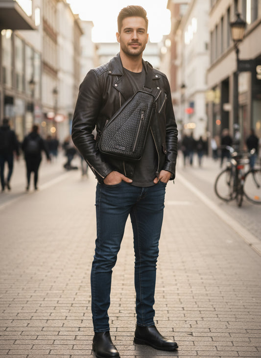 Black woven sling bag with front zippered pocked, back hidden slip pocket, and main zippered compartment.