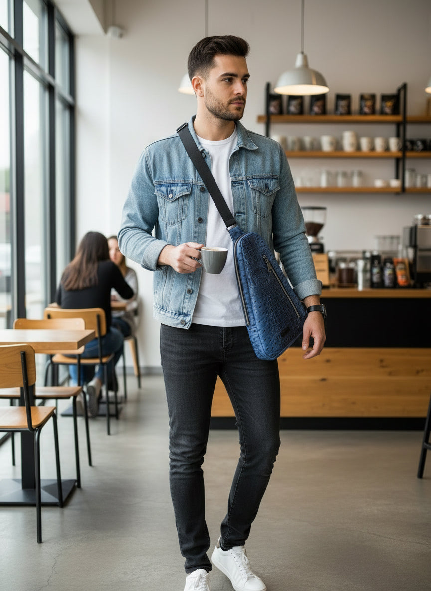 Stylish sling bag with front zippered pocket, hidden back slip pocket and zippered main compartment with adjustable 1.5" strap.