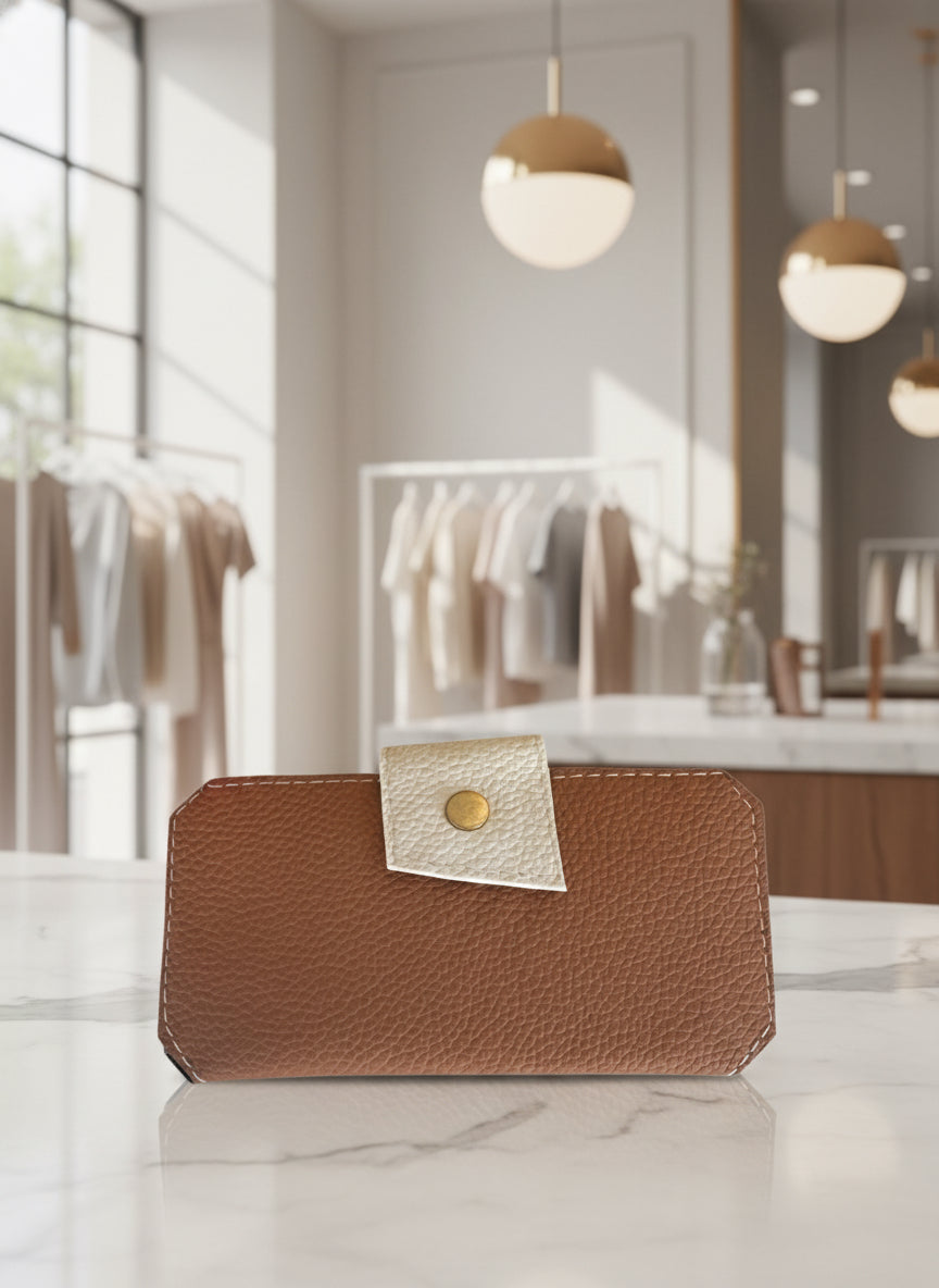 Brown pebble grain wallet with card slots, id window and back zipper pocket with snap closure