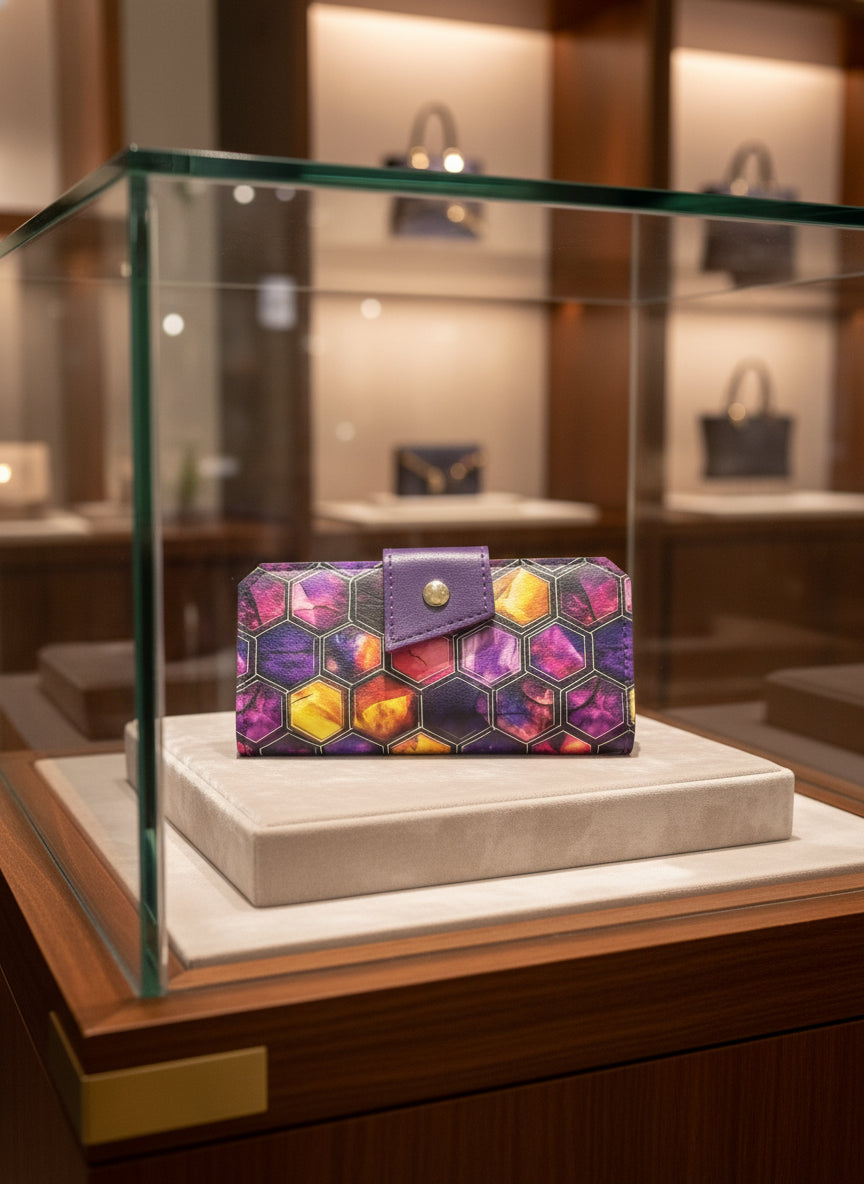 Wallet with card slots, id window back zippered pocket and two cash slots with snap closure