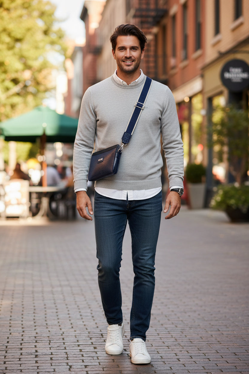 Simple yet stylish navy blue pearl croc embossed leather crossbody with deluxe one and half inch adjustable deluxe strap.  Water resistant canvas lining and silver toned hardware.
