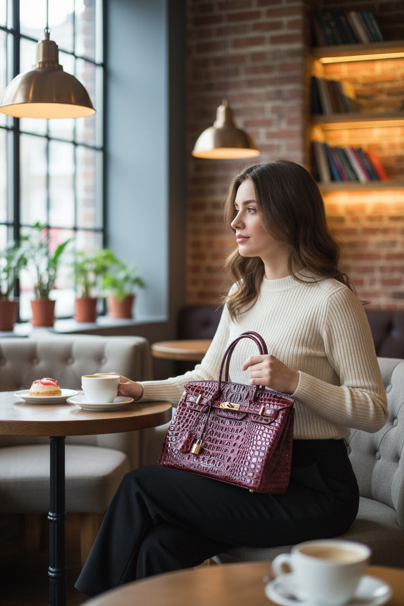 Stylish red patent vinyl croc styled after a famous bag.  Gold hardware, beige water resistant canvas with croc accents adorn the interior including zippered and slip pockets.